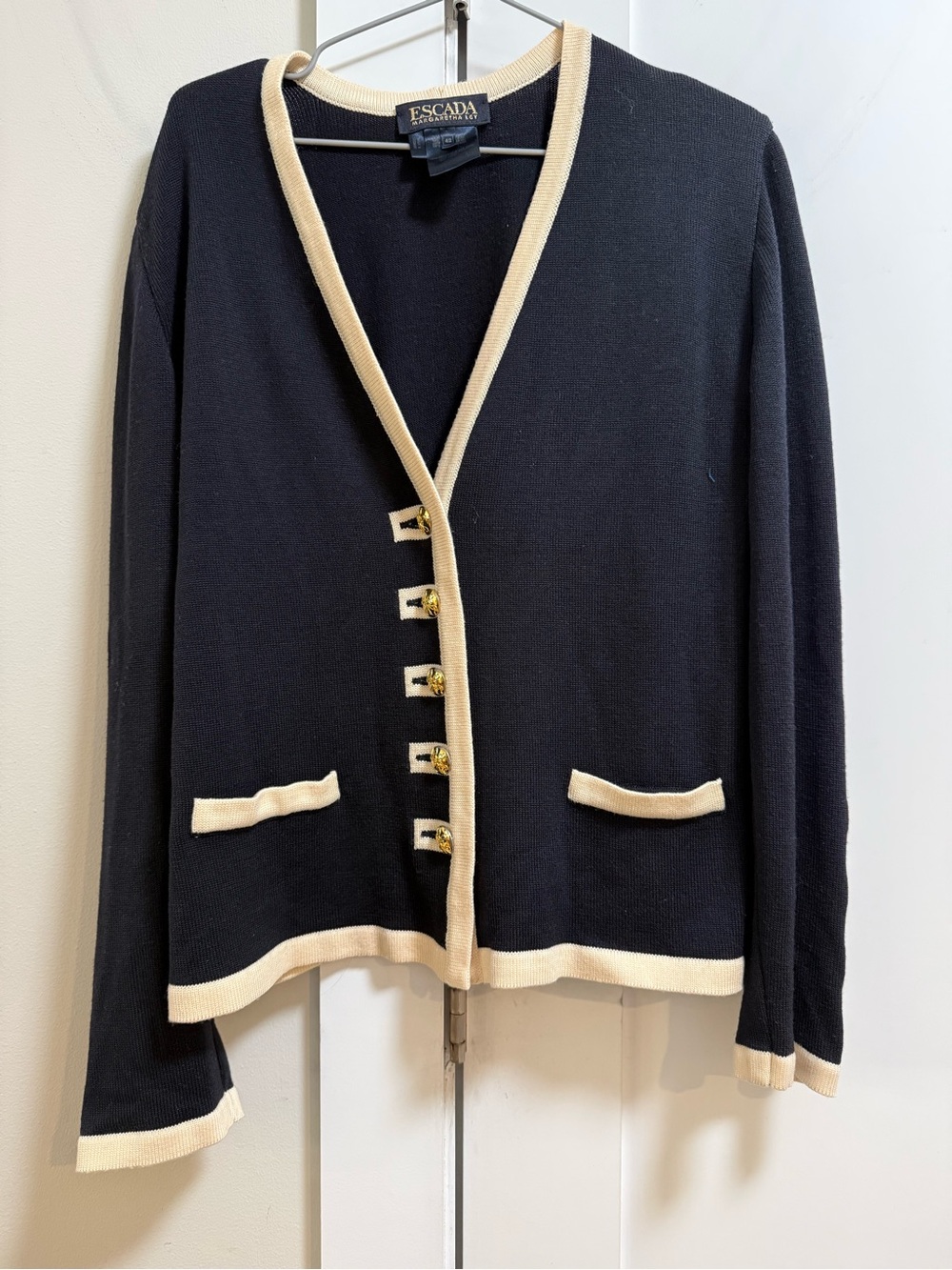 Escada Women’s Navy  Cardigan with Cream Trim and Gold Buttons, Vintage Sz 42